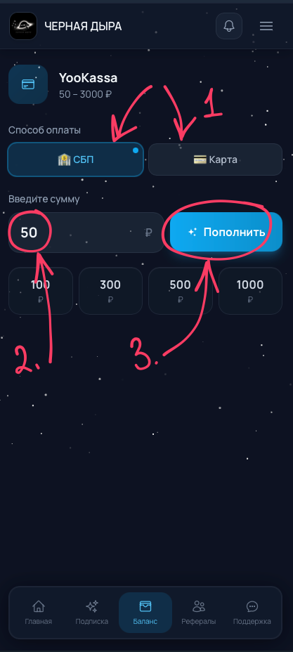 Форма выбора способа оплаты и суммы